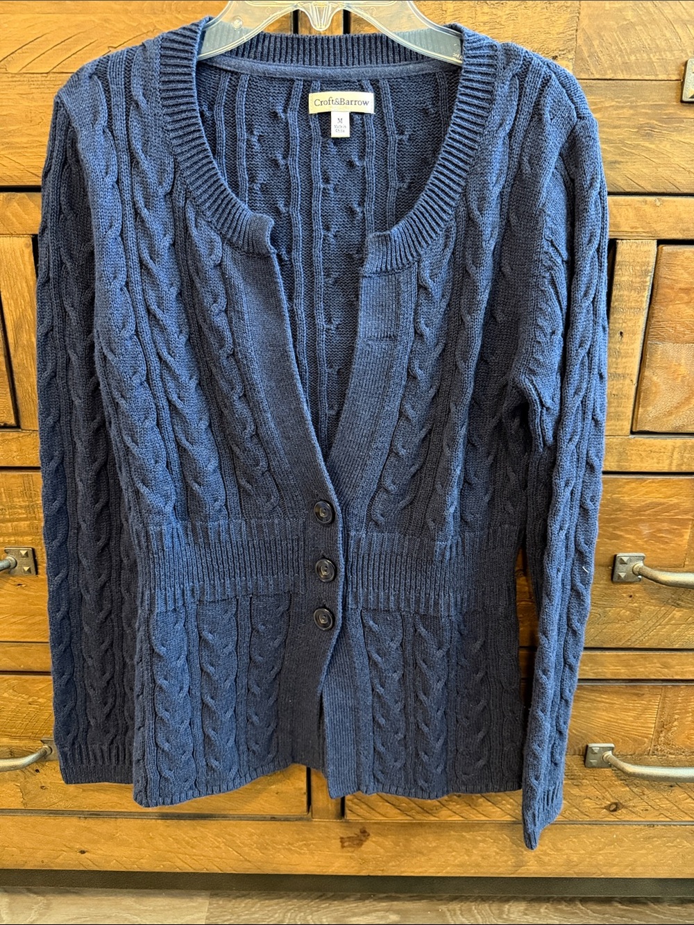 💯% Cotton croft & barrow Dark Blue Cable Knit Fitted waist Button-Up Cardigan.